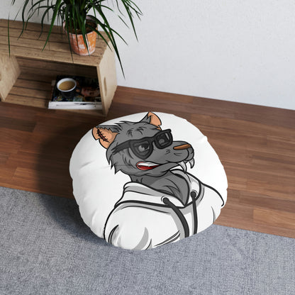 Cyborg Wolf Black Shades White Sweatshirt Wolve Tufted Floor Pillow, Round