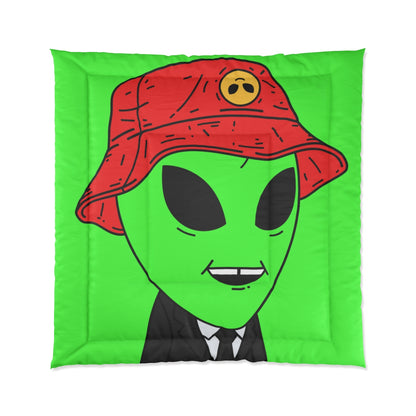 Extra Green Alien Black Suit Business Visitor Red Visi Hat Chipped Tooth Smile Bed Comforter