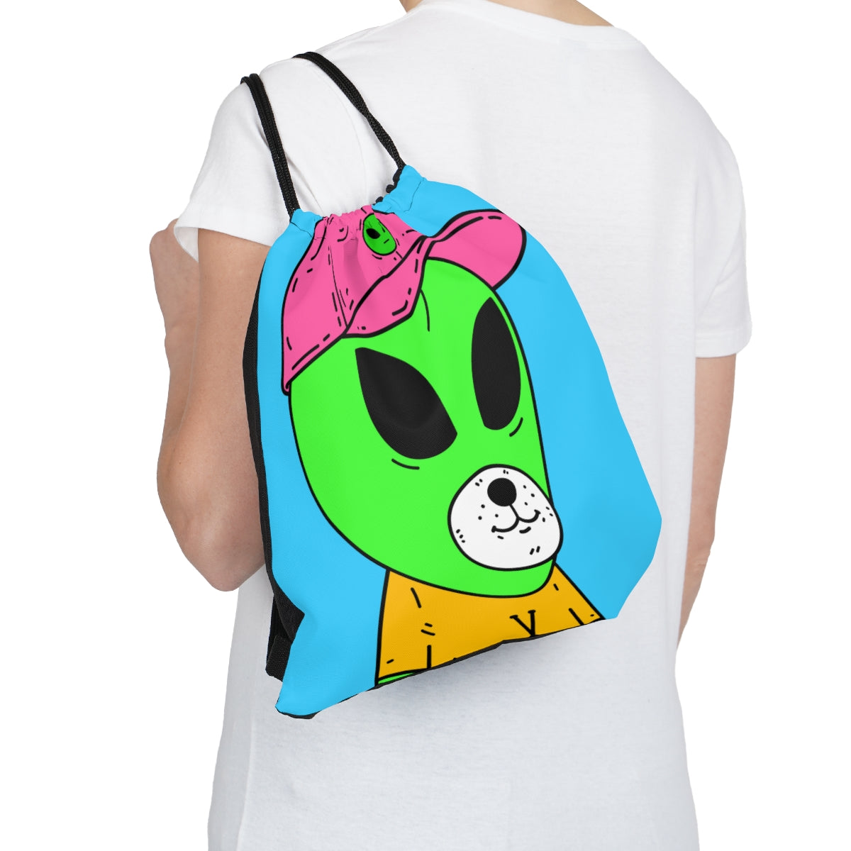 Green Alien Visitor Dog Bear Face Yellow V T Shirts Pink Visi Hat Outdoor Drawstring Bag