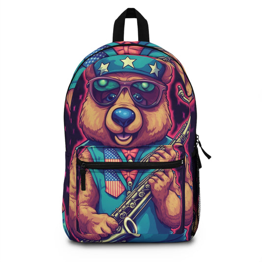 Jazz Stars and Stripes: Celebrate 4th of July with the Patriotic Bear's Saxophone Backpack