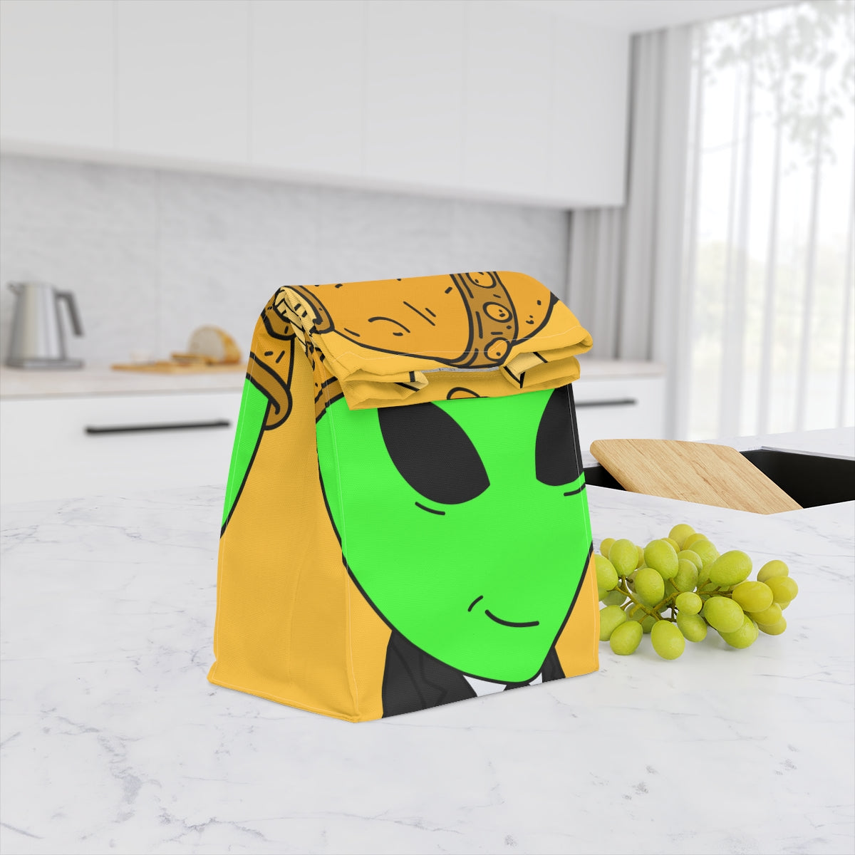 Green Smirk Face Alien Viking Helmet Black Business Suit Visitor Polyester Lunch Bag