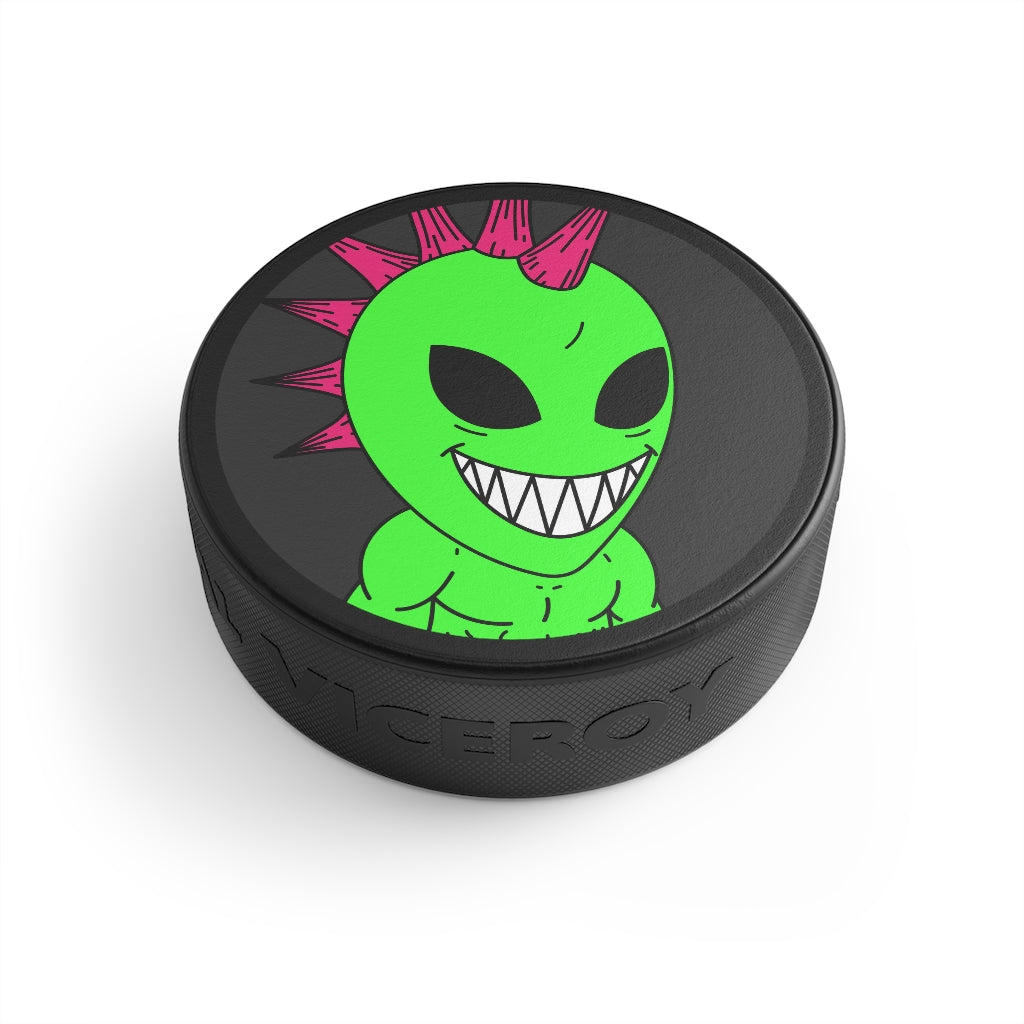 Spiked Pink Hair Muscle Big Smile Green Alien Visitor Hockey Puck