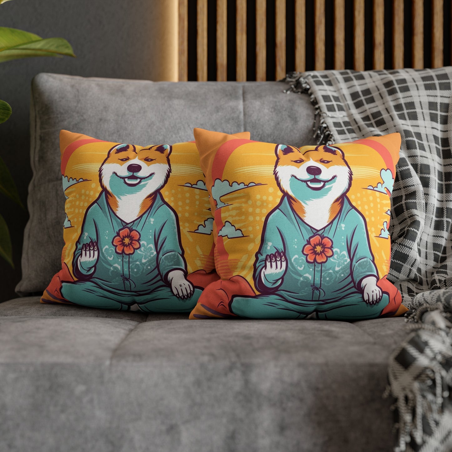 Shiba Inu Yoga Crypto Dog Namaste japonés: funda de almohada cuadrada de poliéster hilado 