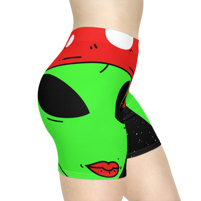 Mushroom Head Green Alien Visitor w/ Red Lips Women's Biker Shorts