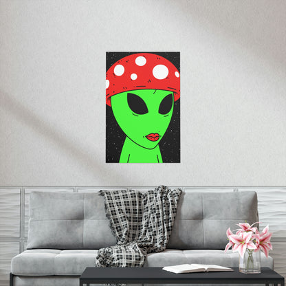 Mushroom Head Green Alien Visitor w/ Red Lips Premium Matte Vertical Posters