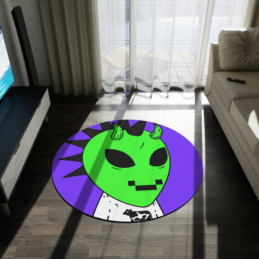 Cow Green Alien Spike Black Hair Digital Smile Visitor Round Rug - Visitor751