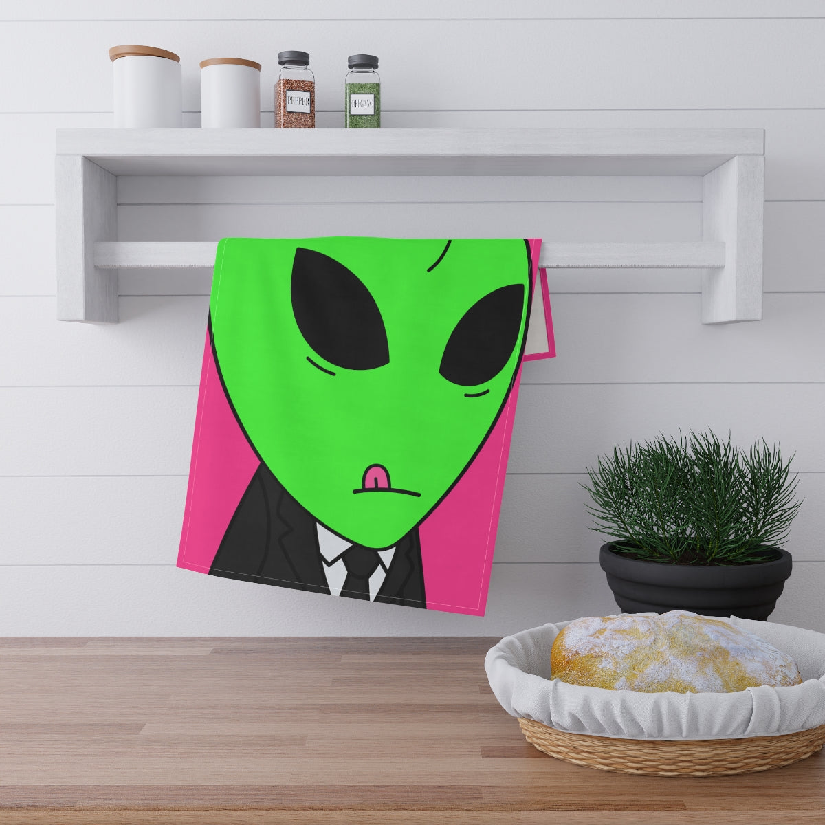 Green Apple Head Tongue Out Black Business Suit Visitor Kitchen Towel