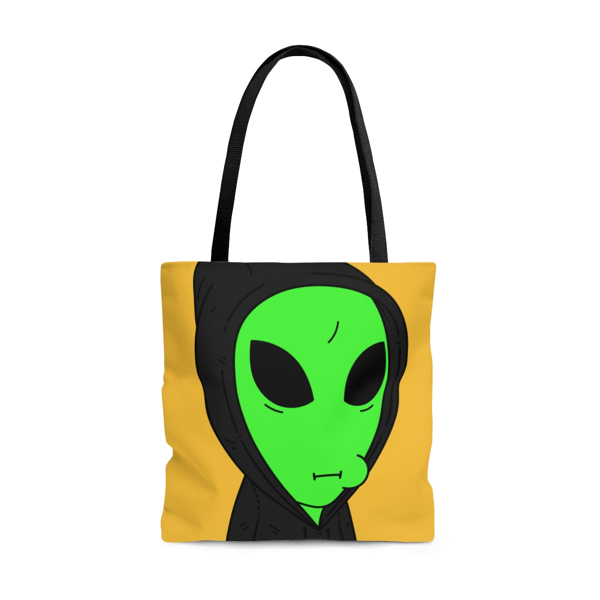 Sudadera con capucha negra alienígena verde Personaje de dibujos animados Visitante AOP Bolsa de tela 