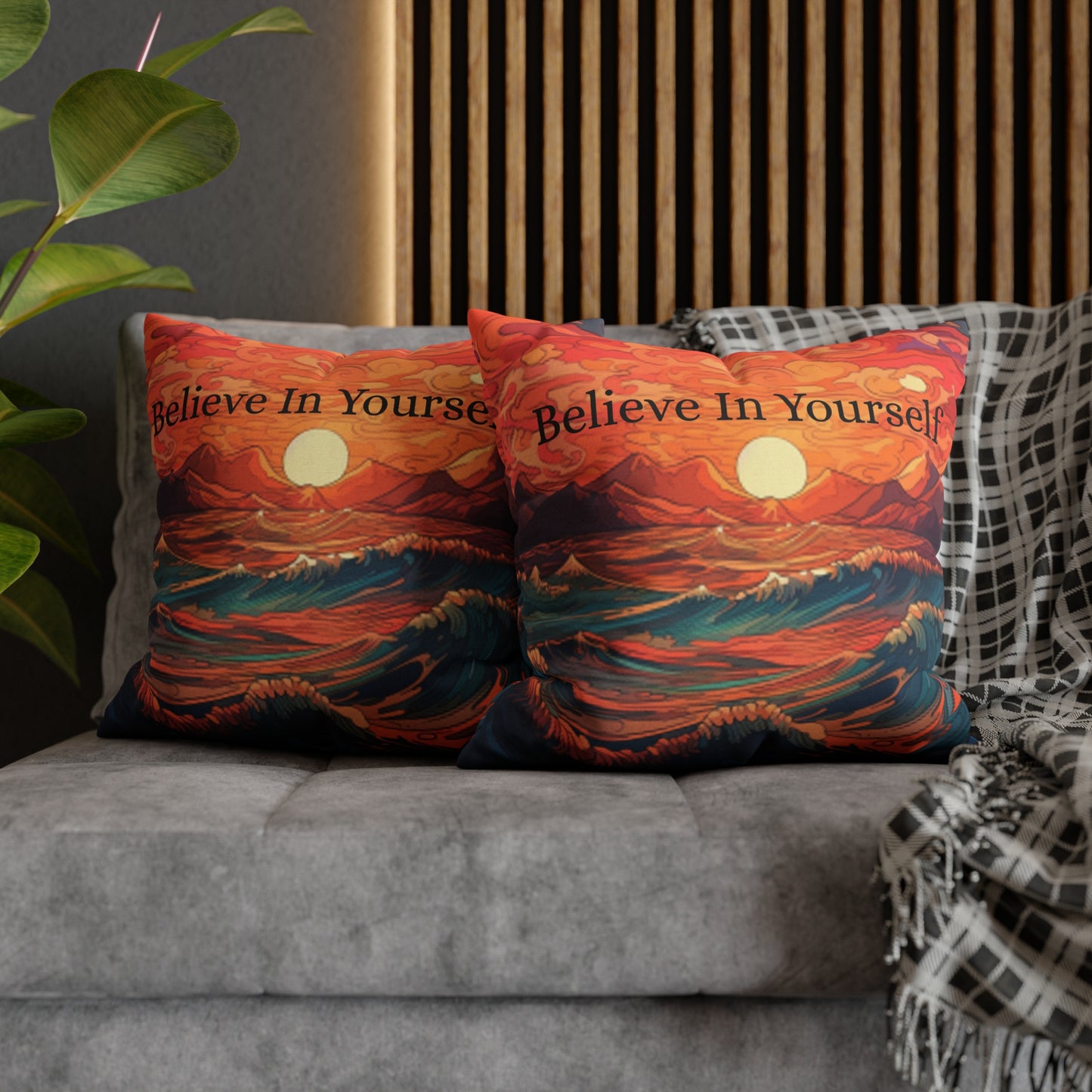 Inspirational 'Believe in Yourself' - Sunrise Ocean Art Spun Polyester Square Pillow Case