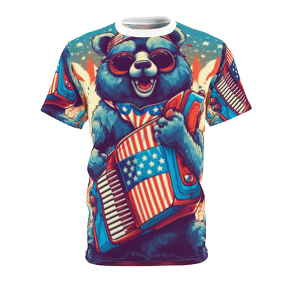 Accordion Bear Patriotic 独立記念日 アメリカン ミュージック ユニセックス カットソー Tシャツ (AOP) 