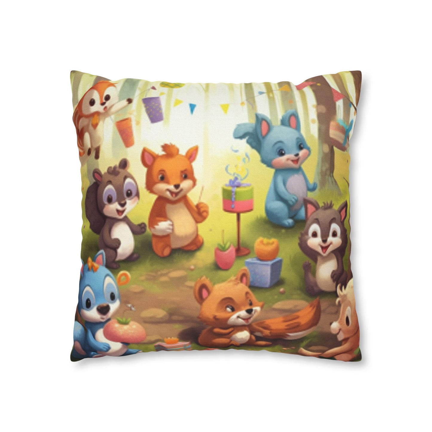 Nursery Art - Cartoon Forest Animals Party Design Spun Polyester Square Pillow Case