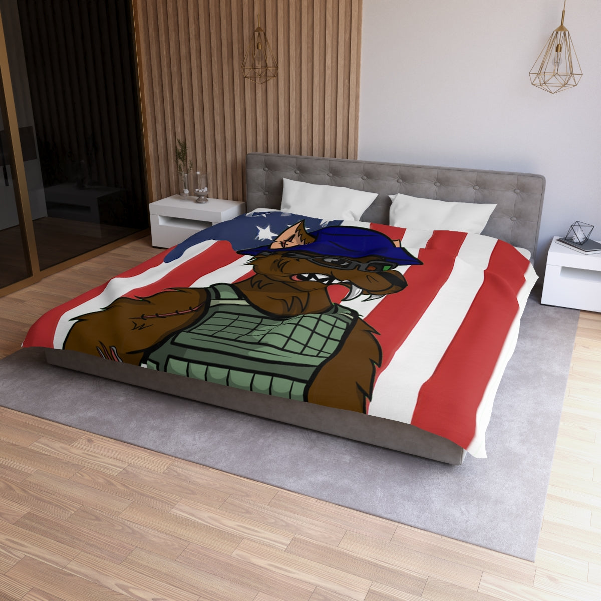 Military Army Cyborg Werewolf USA American Flag Wolf Microfiber Duvet Cover