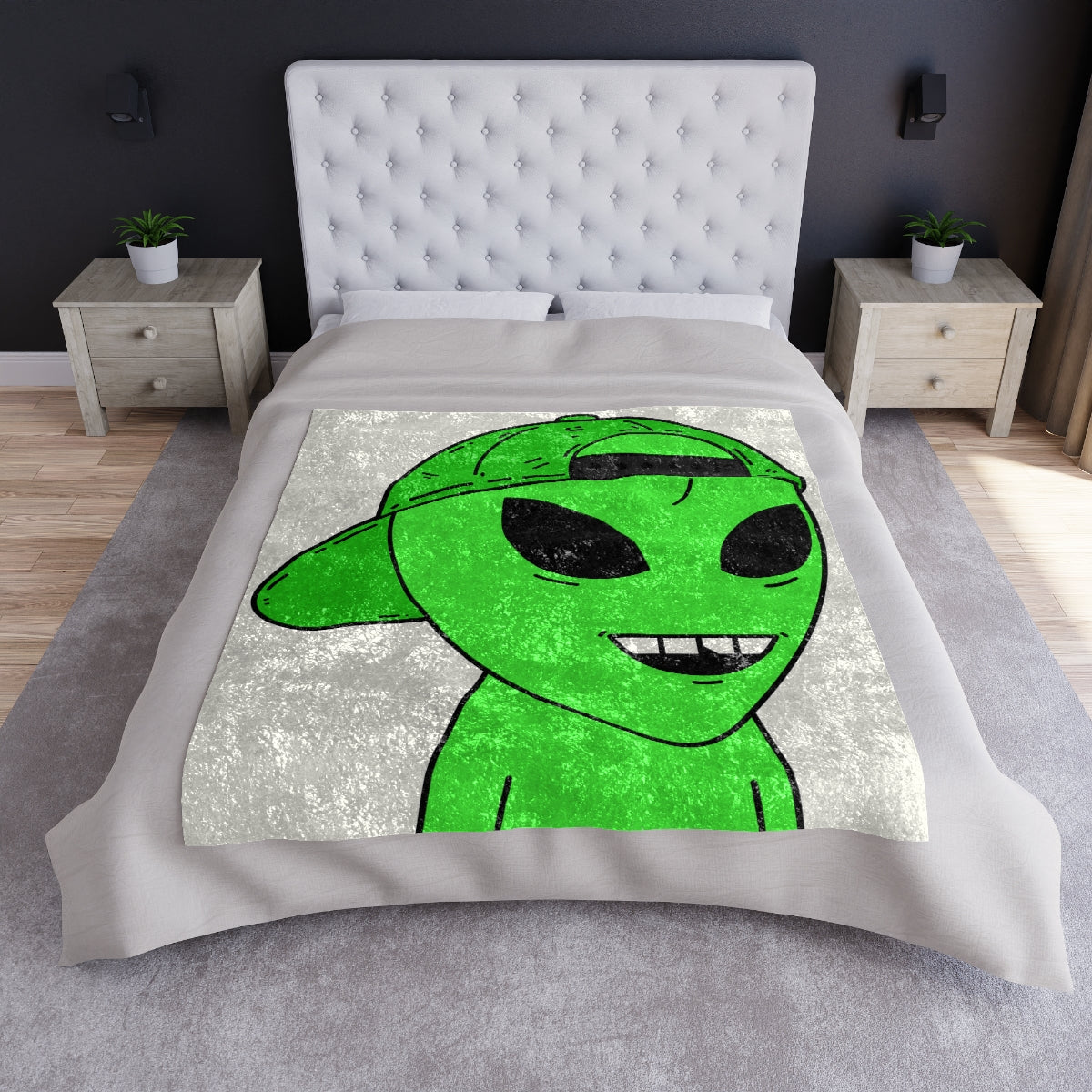 The Green Alien Visitor with Hat Crushed Velvet Blanket