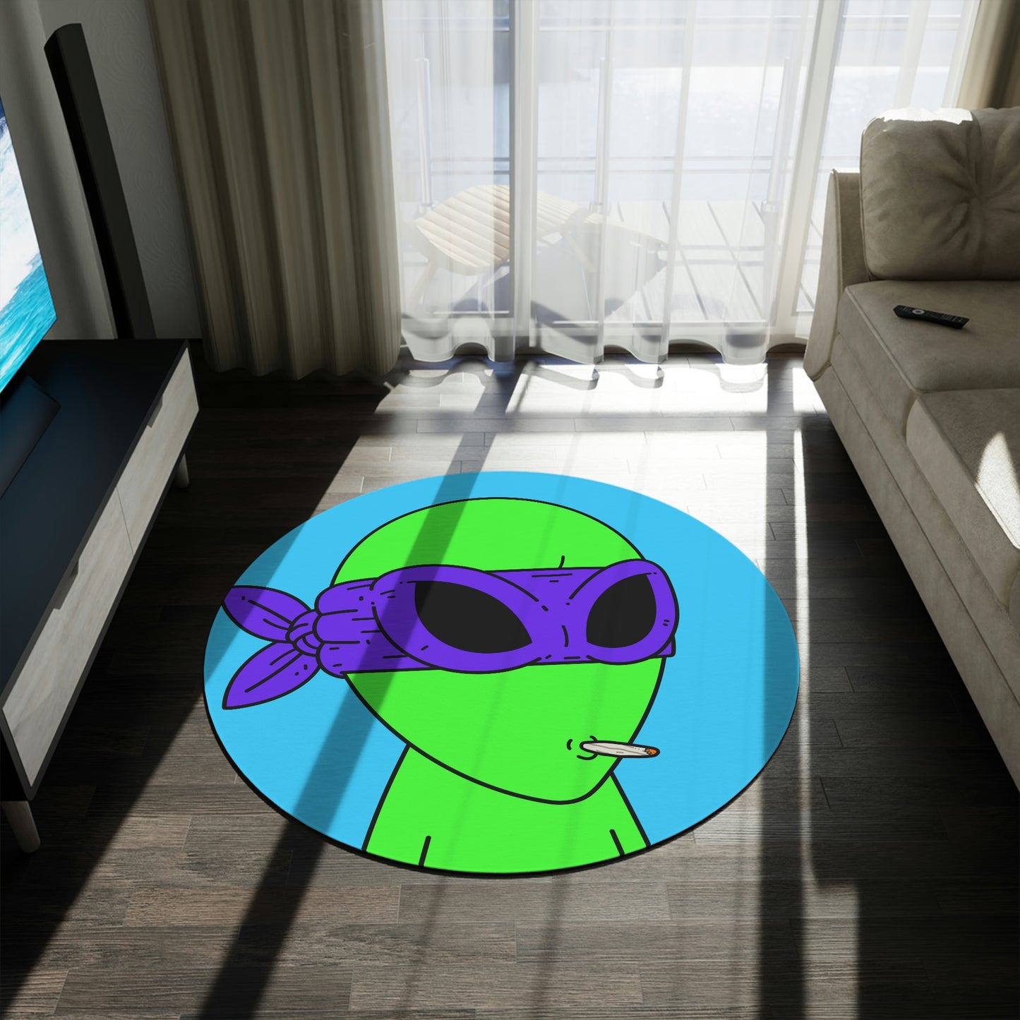 White Whistle Mouth Green Visitor Purple Ninja Mask Alien Round Rug - Visitor751