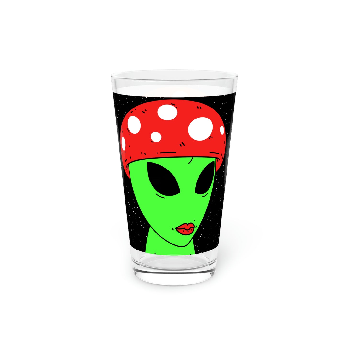 Mushroom Head Green Alien Visitor w/ Red Lips Pint Glass, 16oz