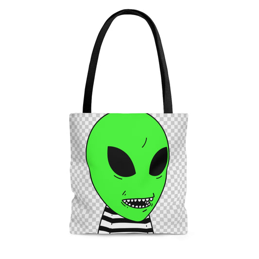 Alien Verde Dientes Afilados Boca Rayas Camisa Blanca Negra Visitante AOP Bolsa de tela 