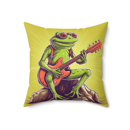 Rock Star Frog ontop Log Guitarist Graphic Instrumental Spun Polyester Square Pillow