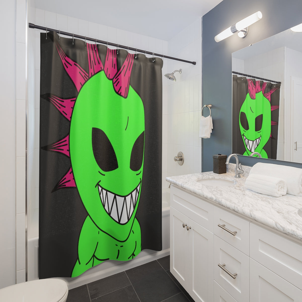 Spiked Pink Hair Muscle Big Smile Green Alien Visitor Shower Curtains