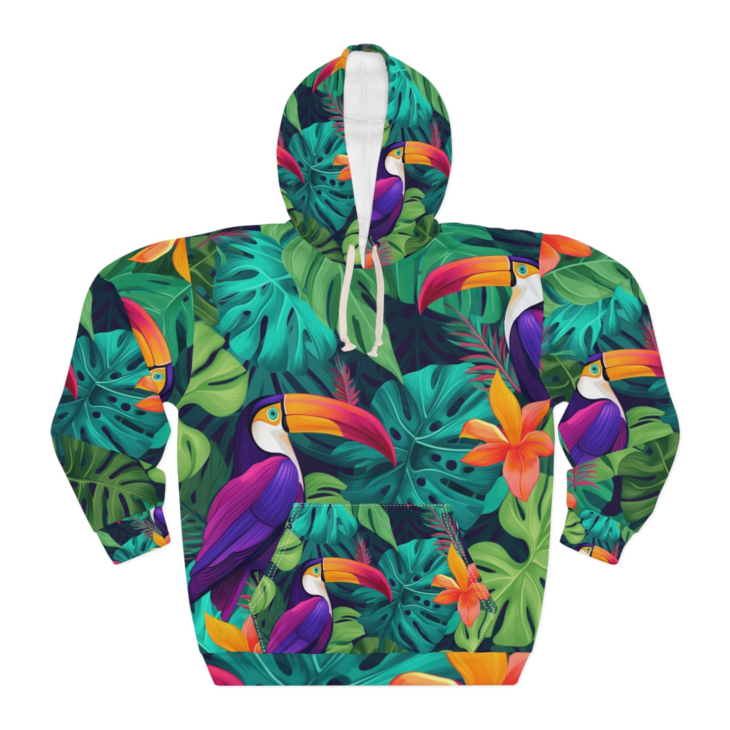 Vivid Tropical Birds &amp; Leaves - Sudadera con capucha unisex con estampado sin costuras (AOP) 