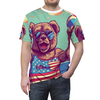 バレーボール コート愛国心: 独立記念日 American Bear Athletic ユニセックス カットソー Tシャツ (AOP) 