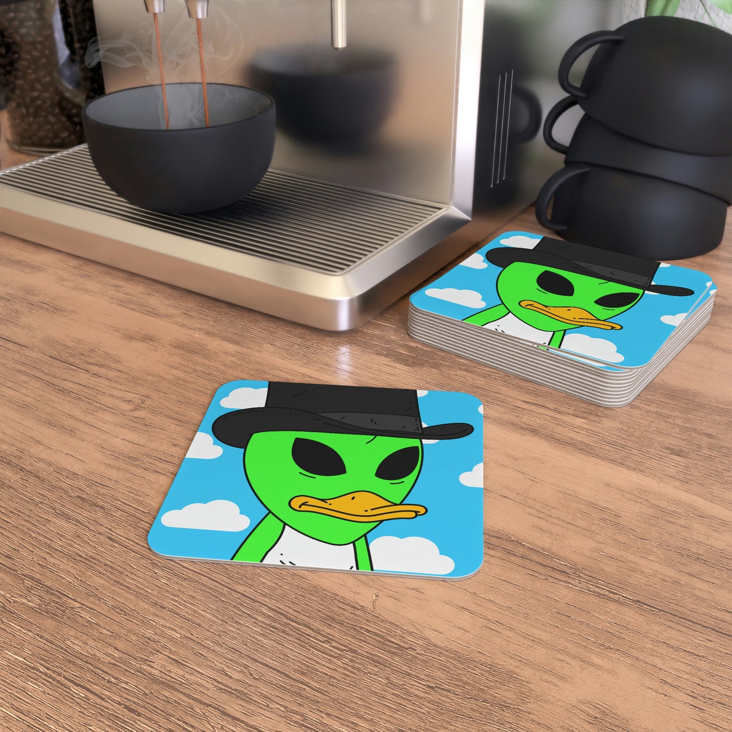 The Visitors Green Alien Duck Black Top Hat Coasters (50, 100 pcs)