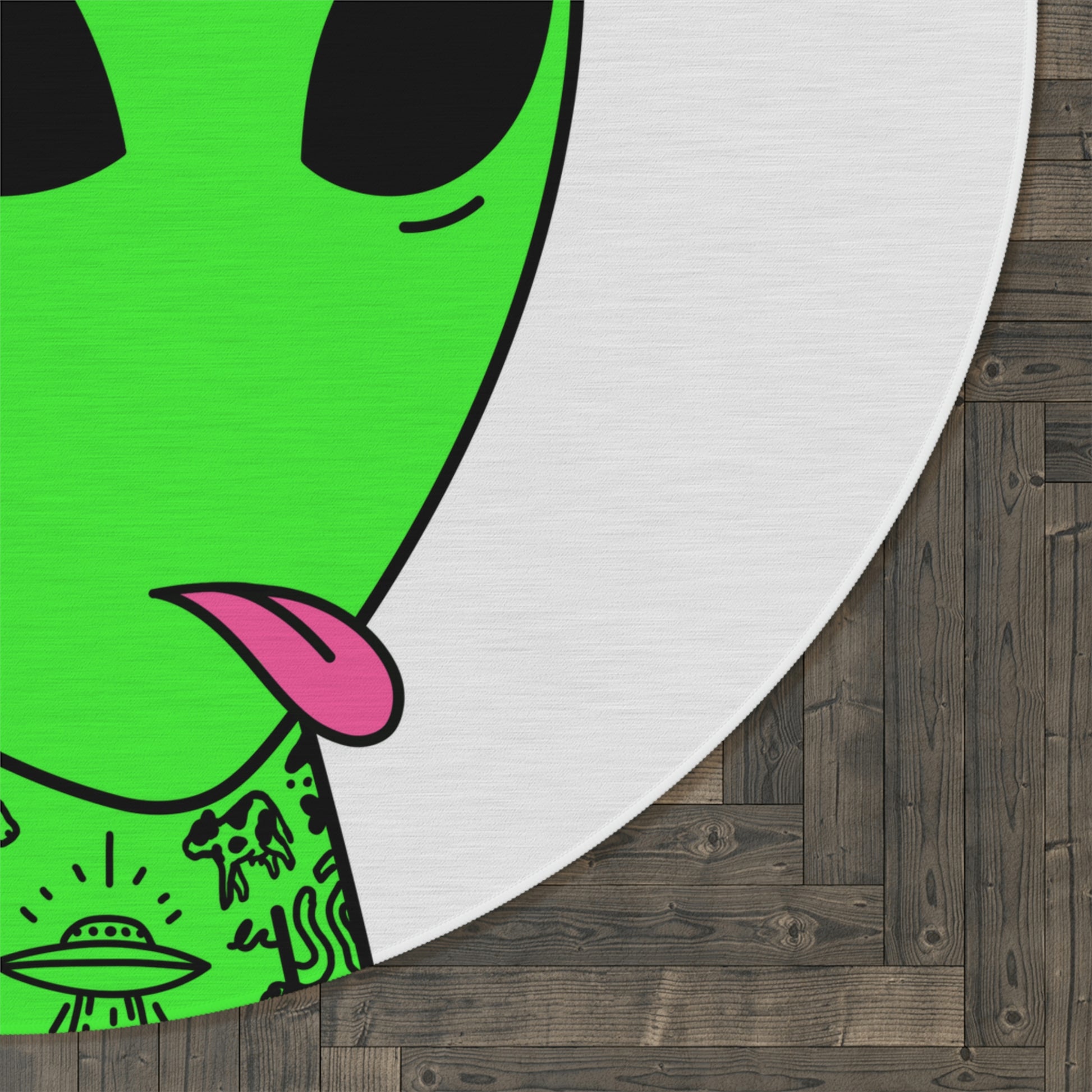 Pink Tongue Peace Hat Alien Tattoos UFO Space Extraterrestrial Visitor Round Rug - Visitor751