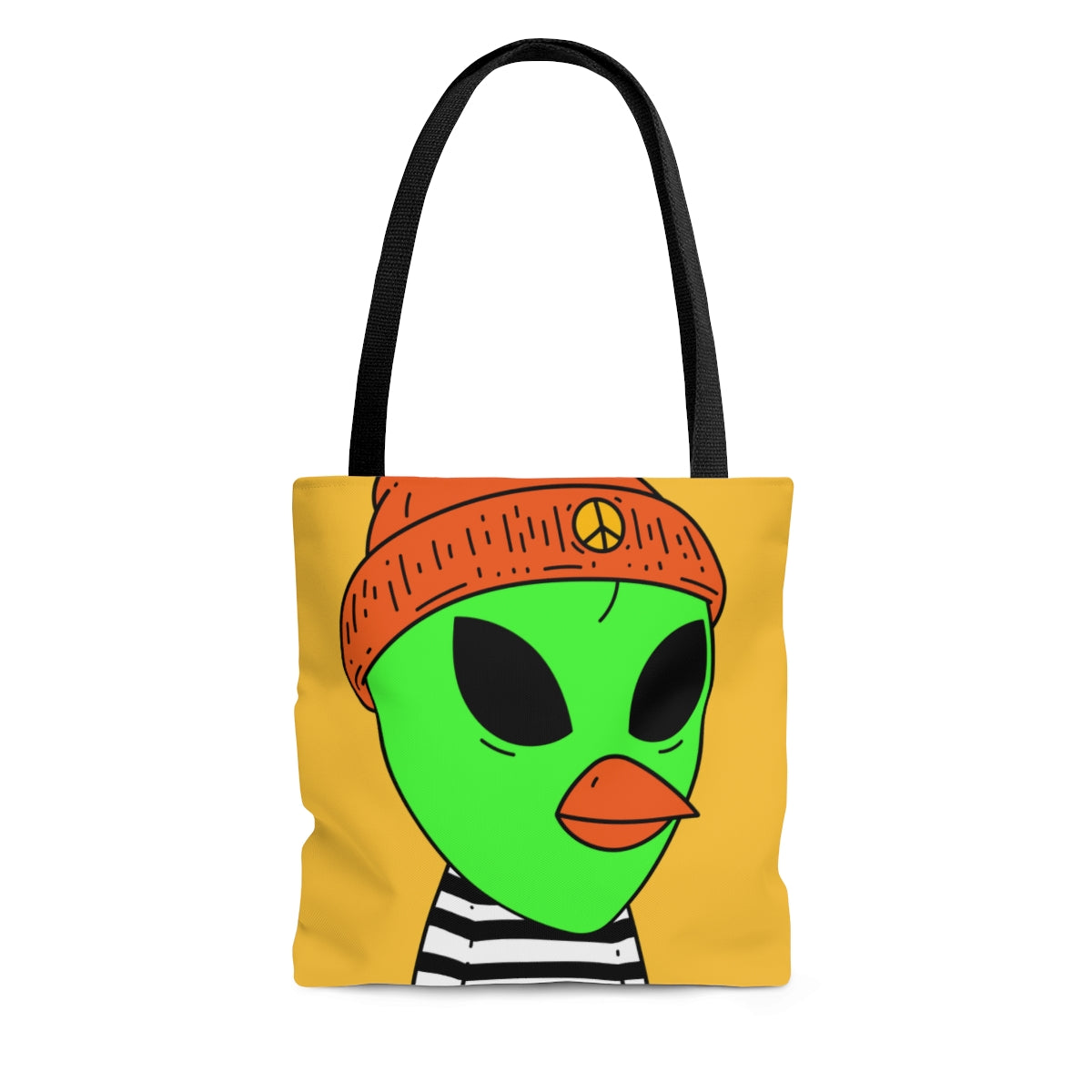 Burb Beak Green Alien Orange Peace Hat Black White Striped Shirt AOP Tote Bag