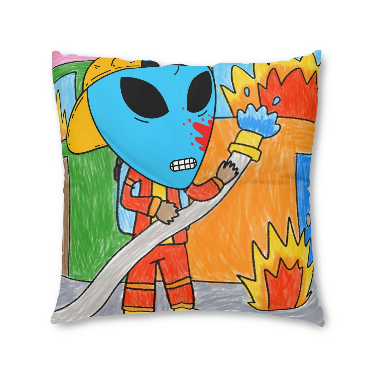 Fireman Fire Fighter Alien Blue Blood Visitor Hero Tufted Floor Pillow, Square