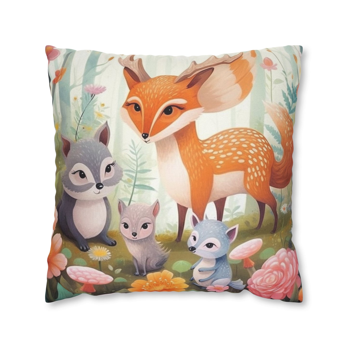 Cute Woodland Creatures Whimsical Animal Art Spun Polyester Square Pillow Case