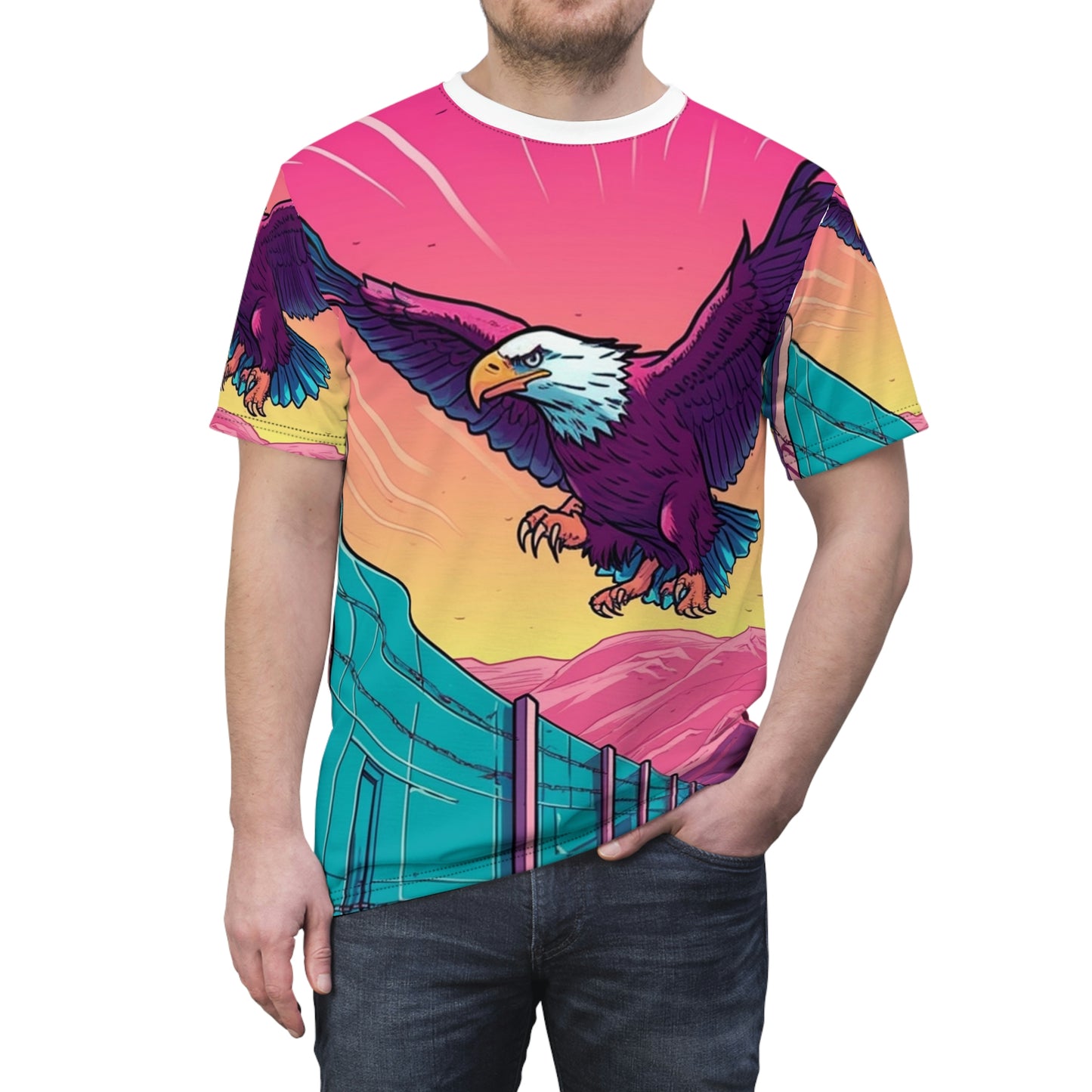 American Bald Eagle Border Build Fly Wall Graphic Unisex Cut & Sew Tee (AOP)