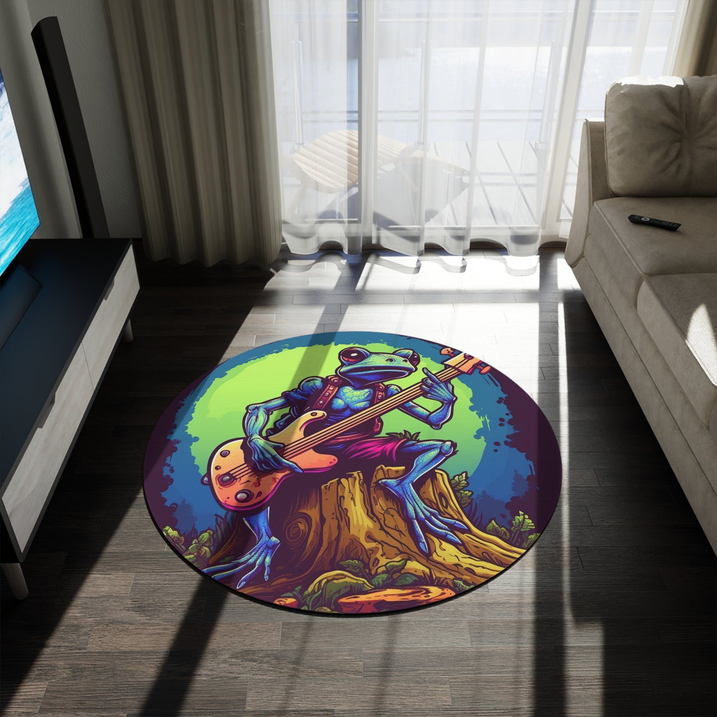 Frog Log Retro Graphic Trippy Musician Instrument Guitar Player Round Rug