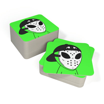 White Hockey Mask Green Alien Visitor Hockey Coasters (50, 100 pcs)