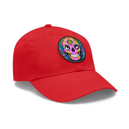 Trippy psychedelic Skull Skeleton Head Face Dad Hat with Leather Patch (Round)