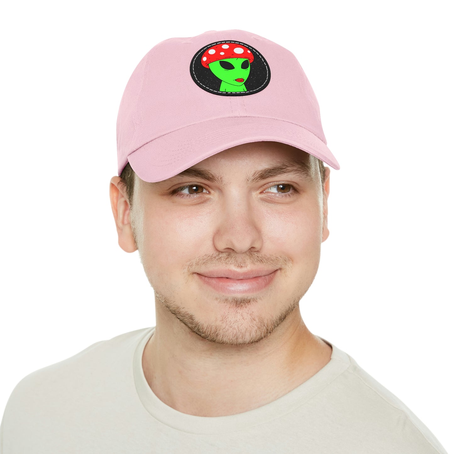 Mushroom Head Green Alien Visitor w/ Red Lips Dad Hat with Leather Patch (Round)