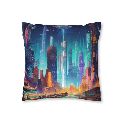 Futuristic Neon Cyberpunk Cityscape Art Design Spun Polyester Square Pillow Case