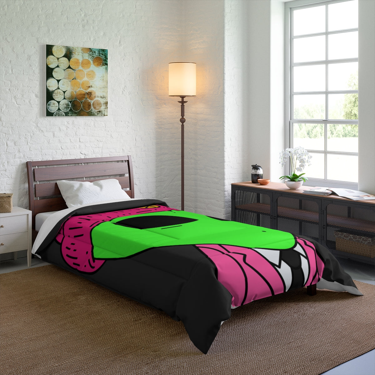 Pink Peace Hat Suit Green Alien Visitor Bed Comforter