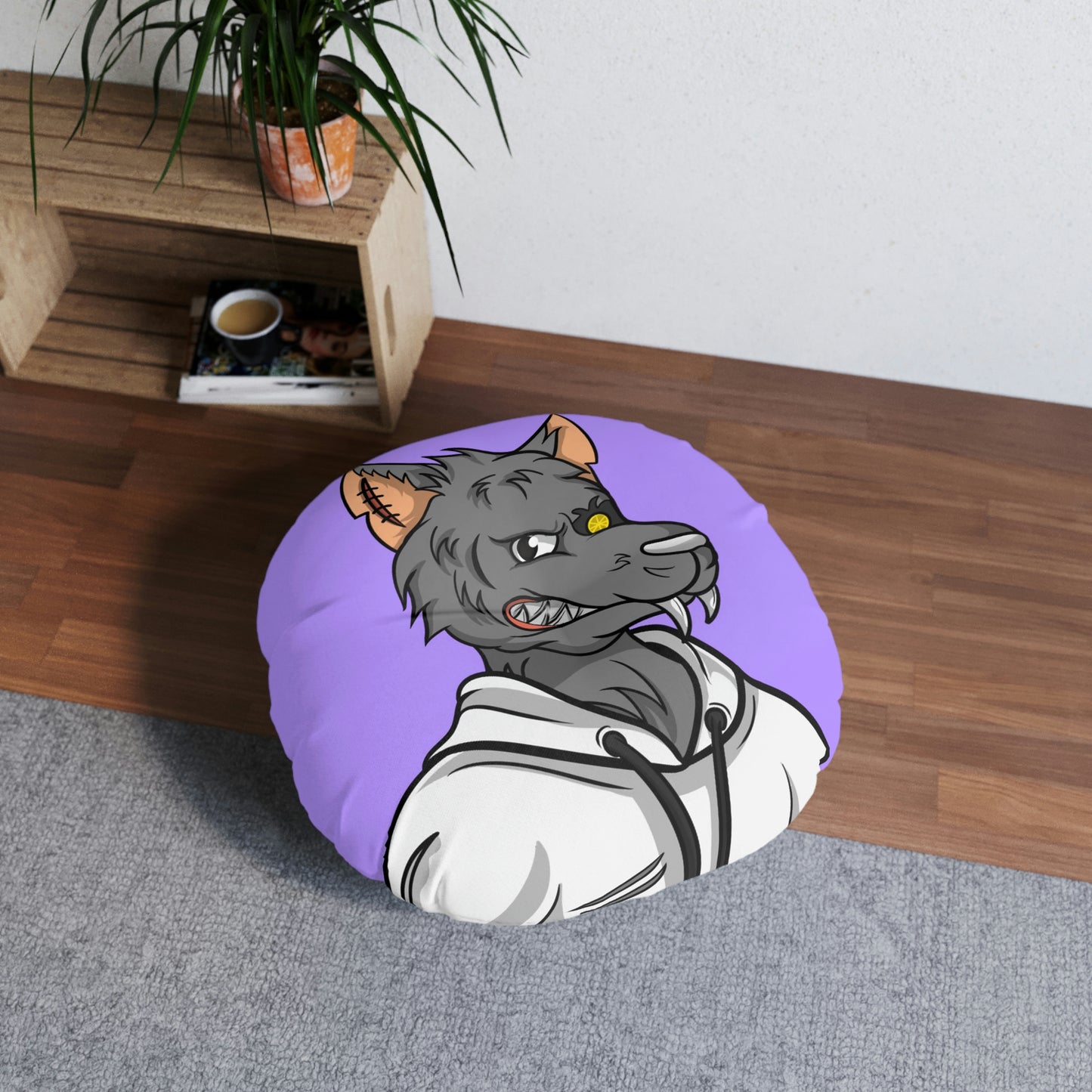 Fitness Grey Wolve Cyborg Wolf Tufted Floor Pillow, Round