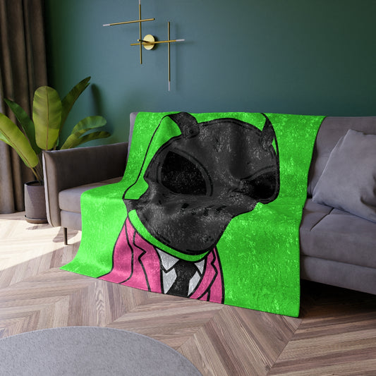 Green Alien Black Space UFO Mask Pink Suit Visitor Crushed Velvet Blanket - Visitor751