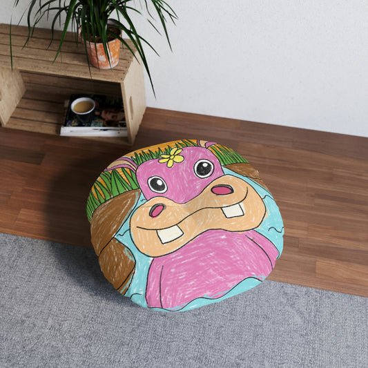 Hippo Hippopotamus Animal Creature Graphic Tufted Floor Pillow, Round