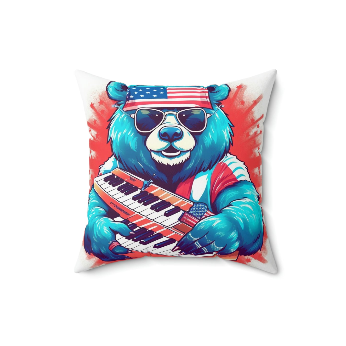 Keys of Patriotism: Piano Player Patriotic Bear's 4th of July Musical Celebration Spun Polyester Square Pillow