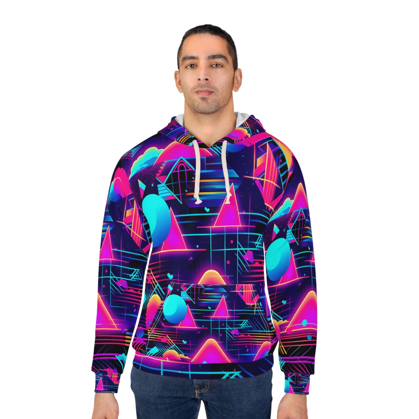 80s Synthwave Retro-Futuristic Inspired Pattern Design Unisex Pullover Hoodie (AOP)