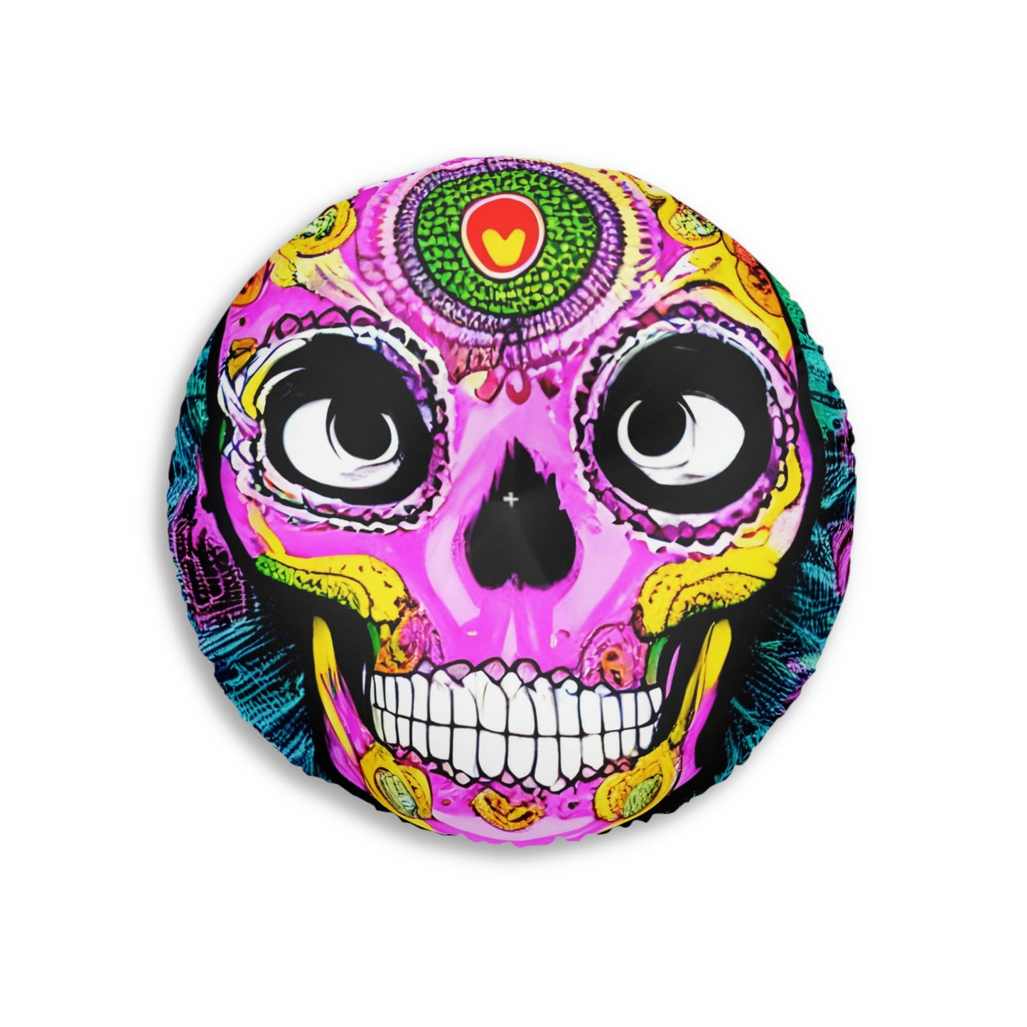 Trippy psychedelic Skull Skeleton Head Face Tufted Floor Pillow, Round