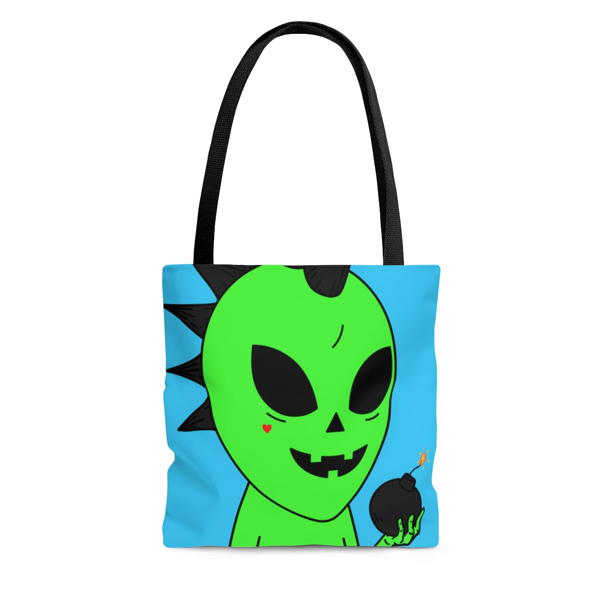 Green Alien Black Spiked Hair Calabaza Cara Bomba Visitante AOP Bolsa de tela 