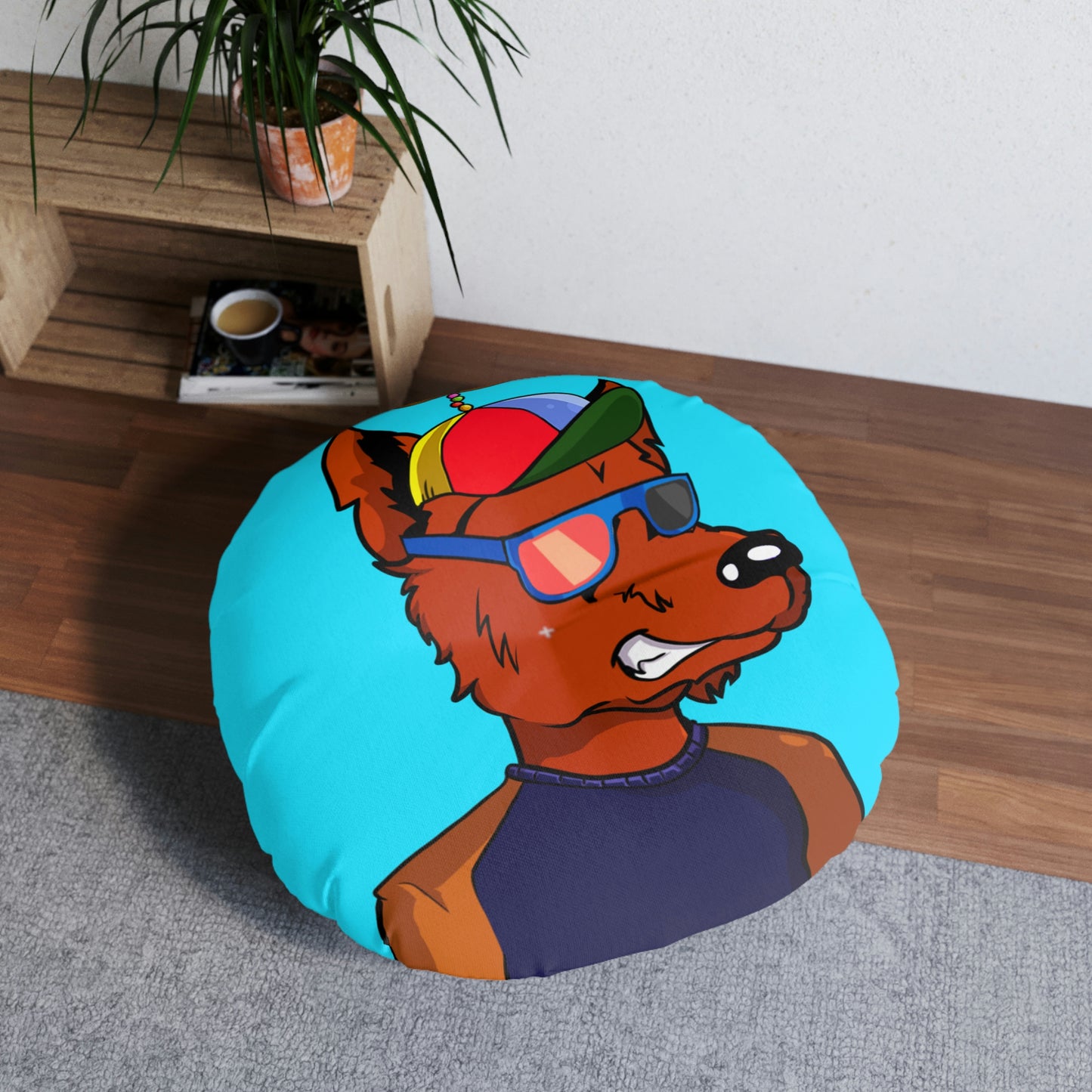 Propeller Hat Wolf Tufted Floor Pillow, Round