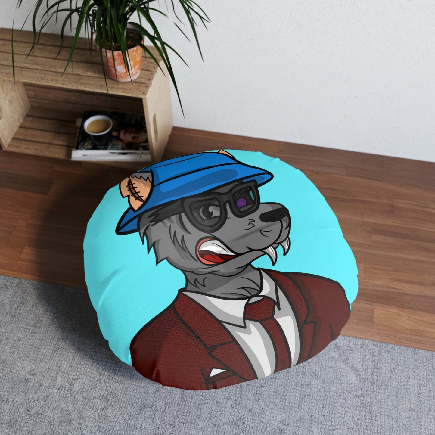 Maroon Business Wolf Cyborg - Almohada de suelo, redonda 