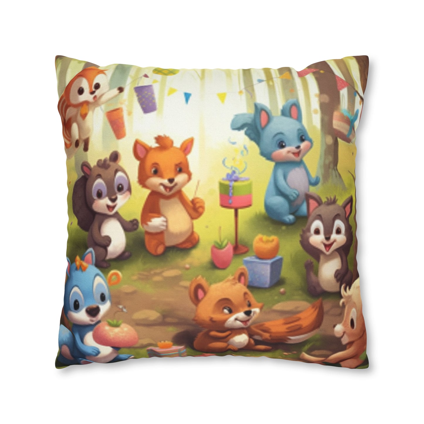 Nursery Art - Cartoon Forest Animals Party Design Spun Polyester Square Pillow Case