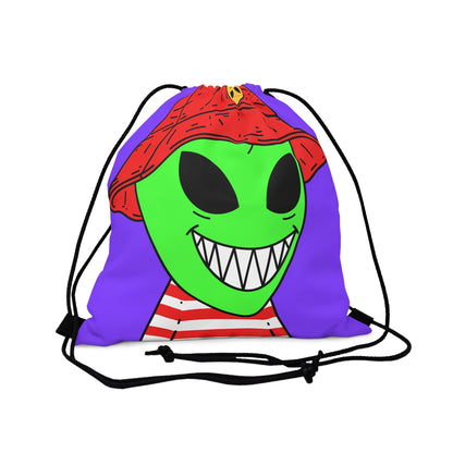 Alien Character Cartoon Red Hat Striped Shirt Big Smile Outdoor Drawstring Bag