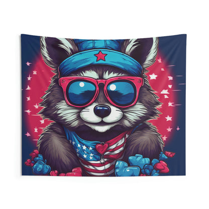 Cute Furry Raccoon Animal USA Flag Style Indoor Wall Tapestries