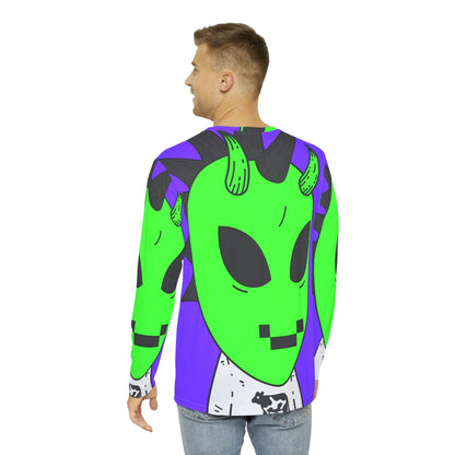 Camisa AOP de manga larga para hombre con sonrisa digital y pelo negro con punta alienígena verde vaca 