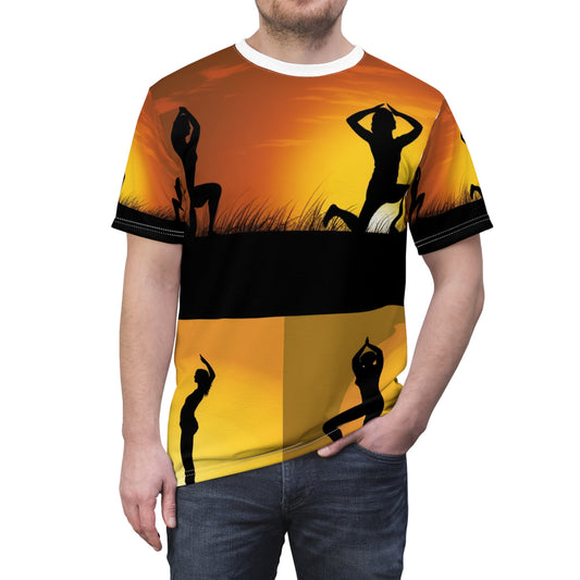 Yoga Poses Silhouette - Tranquil Sunset Art Unisex Cut & Sew Tee (AOP)